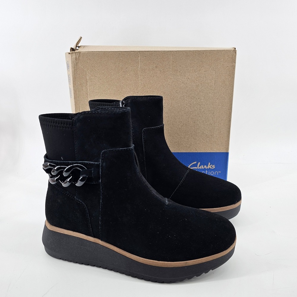Clarks Zylah Rose Boots Womens 6.5 Wide Black Suede Chain Detail Platform Wedge